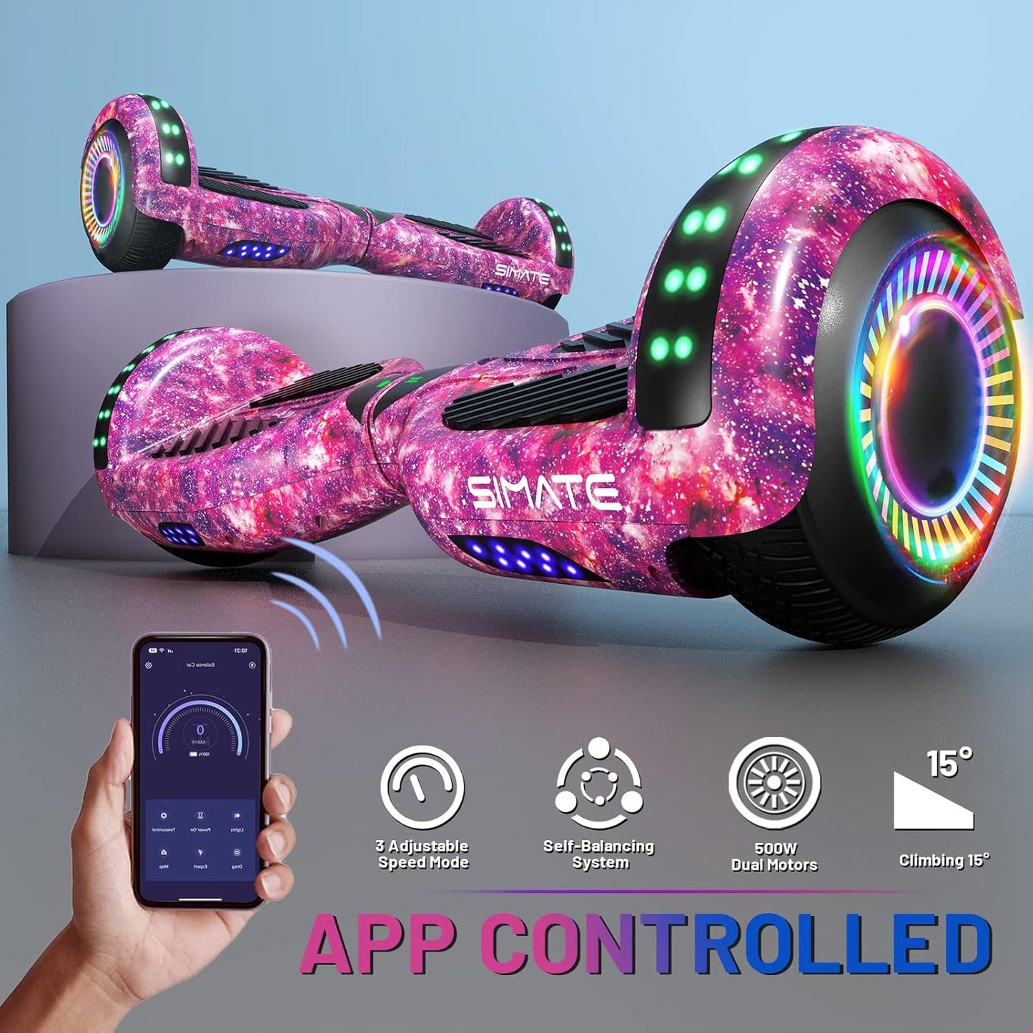 SIMATE Bluetooth Hoverboard – 6.5" Self-Balancing Scooter with LED Lights, App Control & Speakers – Gift for Kids, Teens & Adults, Up to 7.5 mph & 220 lbs
