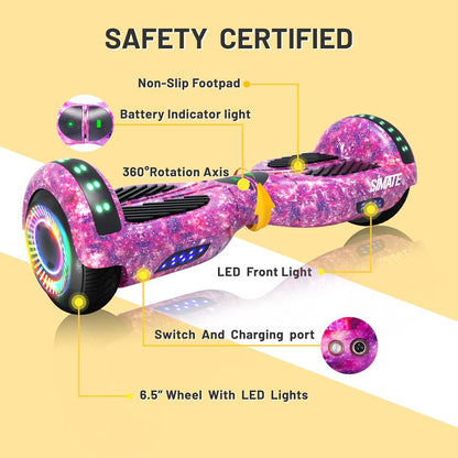 SIMATE Bluetooth Hoverboard – 6.5" Self-Balancing Scooter with LED Lights, App Control & Speakers – Gift for Kids, Teens & Adults, Up to 7.5 mph & 220 lbs