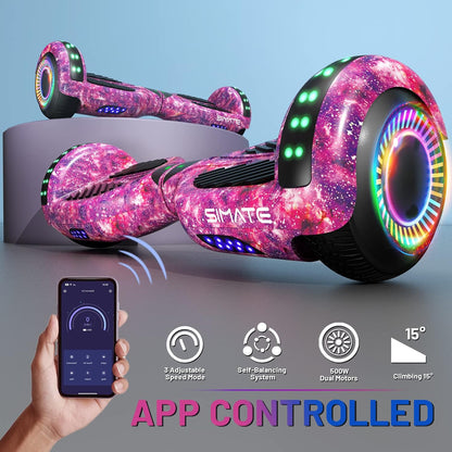 SIMATE Bluetooth Hoverboard – 6.5" Self-Balancing Scooter with LED Lights, App Control & Speakers – Gift for Kids, Teens & Adults, Up to 7.5 mph & 220 lbs