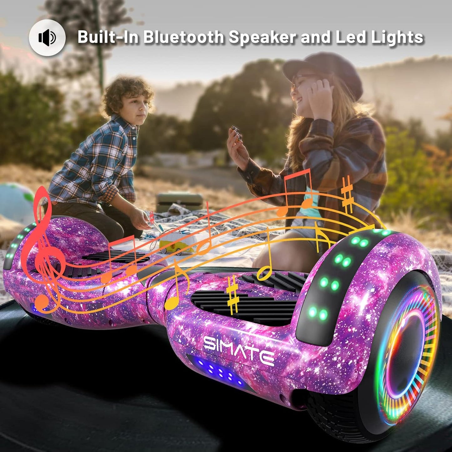SIMATE Bluetooth Hoverboard – 6.5" Self-Balancing Scooter with LED Lights, App Control & Speakers – Gift for Kids, Teens & Adults, Up to 7.5 mph & 220 lbs