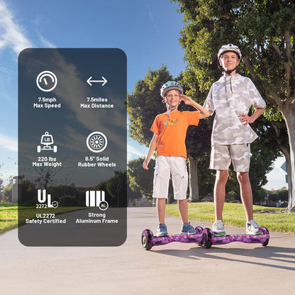 SIMATE Bluetooth Hoverboard – 6.5" Self-Balancing Scooter with LED Lights, App Control & Speakers – Gift for Kids, Teens & Adults, Up to 7.5 mph & 220 lbs
